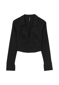 Giacca nera corta con maniche lunghe, ampio colletto, chiusura a zip e design aderente. Realizzata in tessuto morbido e elasticizzato.