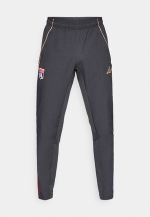 Tamsiai pilkos sportinės kelnės su auksinėmis akcentais, su juosmeniu, logotipu ir raudonais bei mėlynais šonų elementais. Sklandžios medžiagos tekstūra.