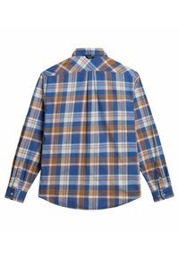 Camisa de manga larga con botón, con un patrón de cuadros en azul, blanco, naranja y marrón, vista desde la parte de atrás.