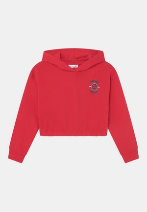 Sudadera corta roja con capucha y gráfico de labios rojos con el texto "Awesome Everyday" en el pecho izquierdo.