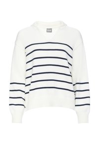Hvit genser med marineblå horisontale striper, bred halsutringning og ribbede mansjetter. Myk strikket tekstur. Uformell, avslappet passform.