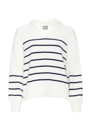 White pullover sweater with navy horizontal stripes, wide neckline, and ribbed cuffs. Soft knit texture. Casual, relaxed fit.