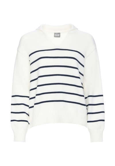 Maglione bianco con righe orizzontali blu navy, scollatura ampia e polsini a coste. Tessuto a maglia morbido. Fit casual e rilassato.