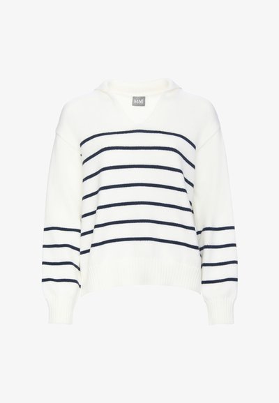 Balts pulovers ar jūras zils horizontālām svītrām, plašs kakla izgriezums un ribota apkakle. Mīksta dzijas tekstūra. Ikdienišķa, brīva silueta.