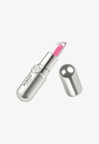 Lipstick in a silver metallic tube with a clear cap, featuring a vibrant pink bullet. Cap is cylindrical with a smooth texture.