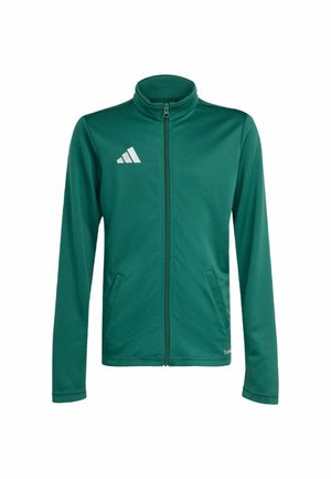 Veste de sport verte avec fermeture éclair intégrale, manches longues, col montant, deux poches devant et logo Adidas blanc sur la poitrine.