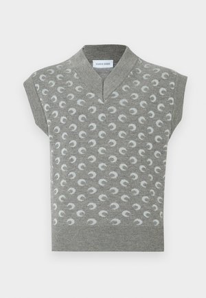 Top cinzento sem mangas em malha, com decote em V, apresentando um padrão repetido de luas crescentes em branco, e bainha canelada na parte inferior.