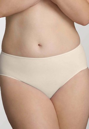 Mutandine hipster in cotone beige con una texture liscia, aperture per le gambe a taglio alto e bordi senza cuciture per il massimo comfort. Adatte all'uso quotidiano.