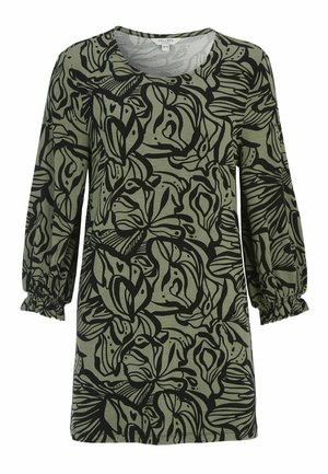 Grøn bluse med lange ærmer, sort abstrakt blomstermønster, rund halsudskæring og elastiske flæsemanchetter.