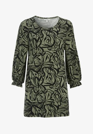 Vihreä pitkähiha-paita, jossa on musta abstrakti kukkakuvio, pyöreä pääntie ja joustavat röyhelöhihansuut.