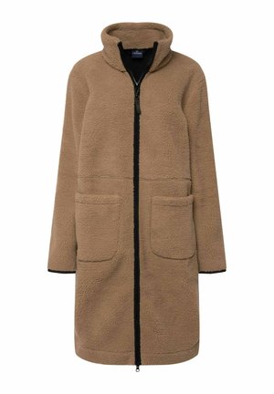 Cappotto in pile marrone con colletto alto, chiusura davanti con zip e due grandi tasche. Accentuato da rifiniture nere lungo i bordi e i polsini.