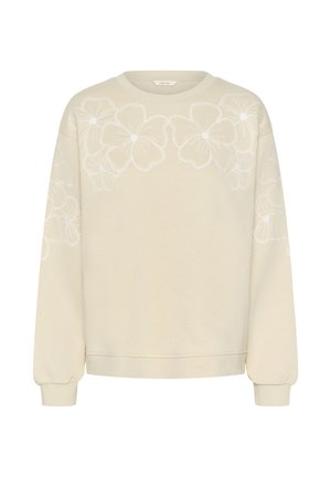 Light beige sweatshirt featuring white floral embroidery across the front, round neckline, and long, slightly gathered sleeves.