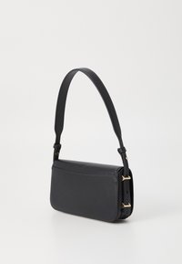 Black leather crossbody bag with a rectangular shape, adjustable strap, gold-tone hardware, and smooth texture. No visible patterns.