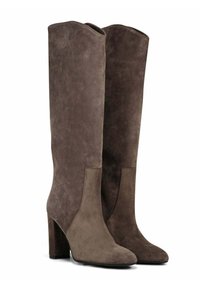 Un paio di stivali alti in suede di due tonalità di marrone, con tacco a blocco e punta leggermente appuntita.