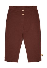 Pantaloni per bambini marroni a costine con una cintura ampia, due bottoni in legno sul davanti e un piccolo etichetta multicolore sul lato.