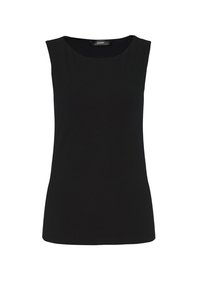 Ärmlös svart kvinnotopp med rund hals och rak fåll, visas mot en vit bakgrund.