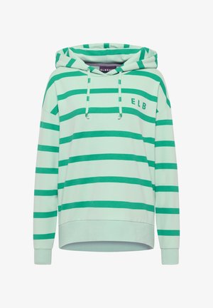 Hellgrüner Kapuzenpullover mit dunkelgrünen horizontalen Streifen. Verfügt über eine geräumige Kapuze, eine vordere Kängurutasche und ein kleines "ELB"-Logo auf der Brust.