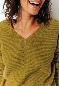 Pull en maille vert olive avec un col en V, présentant un motif texturé et de subtils détails de couture le long du col. Matériau doux et confortable.