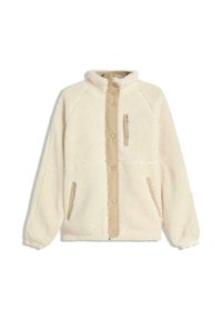 Fleece jack in crème met een zachte, textuur buitenkant. Heeft een beige knopenfront, zijzakken en een hoge kraag.