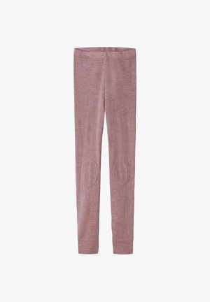 Svetlo roza legginski, izdelani iz mehke, strukturirane tkanine z ojačanimi kolenskimi aplikacijami, prilegajoč dizajn in gladek pas.