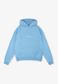 Sudadera con capucha azul claro hecha de tela suave, con un bolsillo frontal y puños acanalados. Logotipo "PEGADOR" impreso en el centro en blanco.