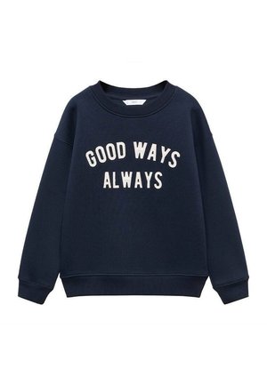 Marineblå sweatshirt med ribkanter ved ærmer og kant, med hvid tekst "GOOD WAYS ALWAYS" centreret foran.