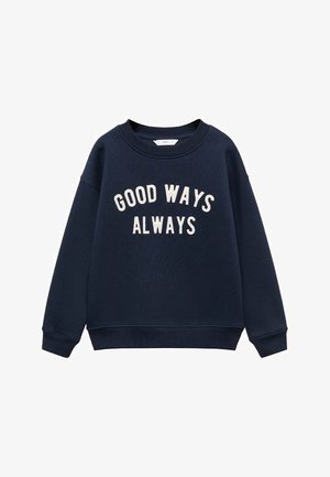 Marineblå sweatshirt med ribkanter ved ærmer og kant, med hvid tekst "GOOD WAYS ALWAYS" centreret foran.