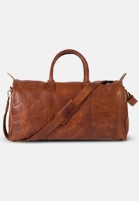 Brown leather duffel bag with two top handles and a detachable shoulder strap. Features a textured finish and subtle stitching details.