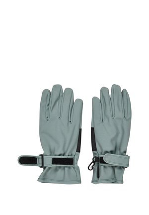 Pair of gray gloves with adjustable black Velcro straps and a small clip for attachment, shown palm side down on a white background.