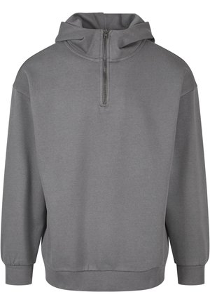 Gray hooded sweatshirt with a half-zip front, long sleeves, ribbed cuffs, and a soft, textured fabric. Simple design with no patterns.