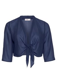 Marinblå chiffonjacket med cropped passform, trekvartslånga ärmar, knytframtill och mjukt fall. Slät textur med minimala design detaljer.