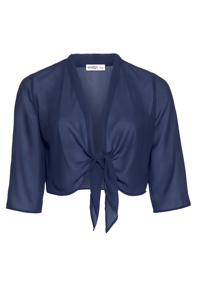 Marinblå chiffonjacket med cropped passform, trekvartslånga ärmar, knytframtill och mjukt fall. Slät textur med minimala design detaljer.