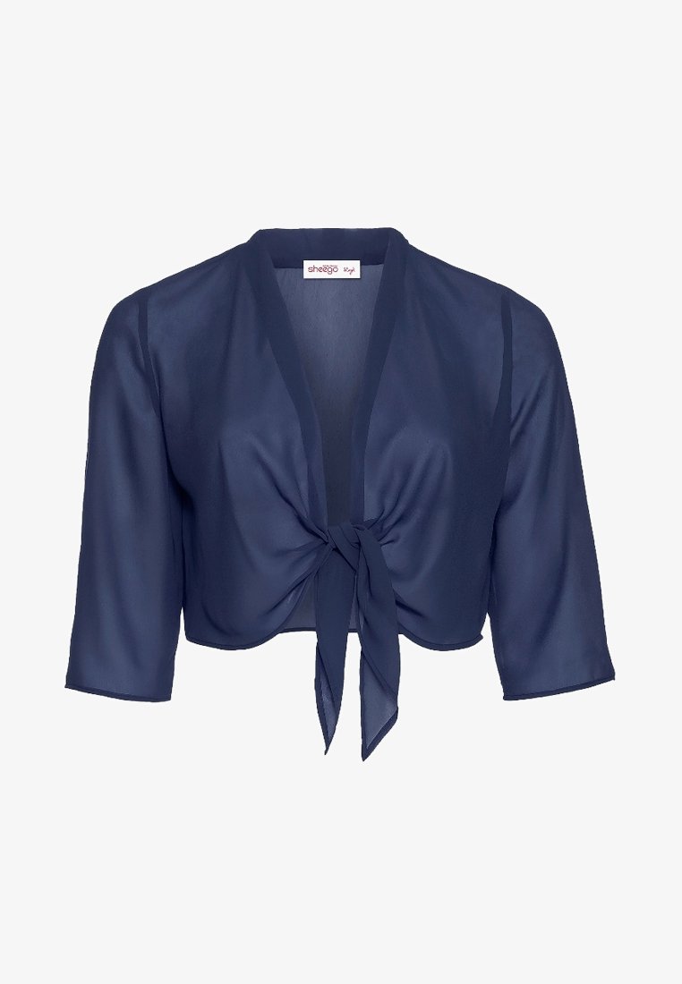 Marinblå chiffonjacket med cropped passform, trekvartslånga ärmar, knytframtill och mjukt fall. Slät textur med minimala design detaljer.