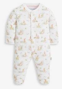 Tutina bianca per neonati in cotone, con un motivo di coniglietti marroni chiari in colori pastello, dotata di bottoni a pressione e design con piedi.