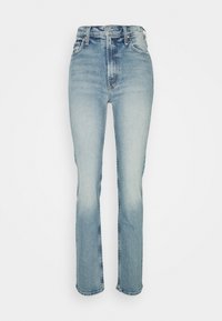 Högmidjade blå denimjeans, rak benklippning, medelvasket med lätt blekning, femfickorsdesign och metallbeslag.