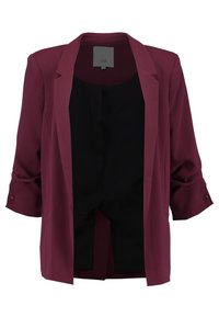Burgundská sako vyrobené z hladké tkaniny, s propracovaným střihem, klopami a ohrnutými rukávy zabezpečenými knoflíky. Černá podšívka.