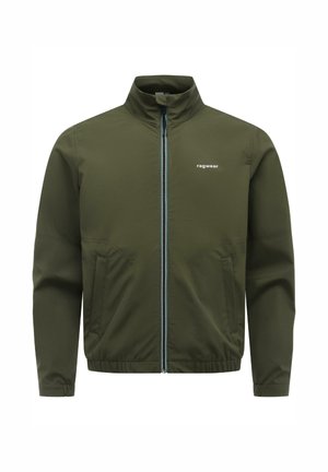 Olivengrønn jakke med glidelås, høy krage, to fremre lommer, elastisk kant og liten hvit "ragwear"-logo på brystet.