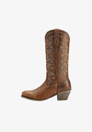 Brown leather cowboy boot with floral embroidery, pointed toe, pull tabs, and a stacked angled heel, shown in side profile.