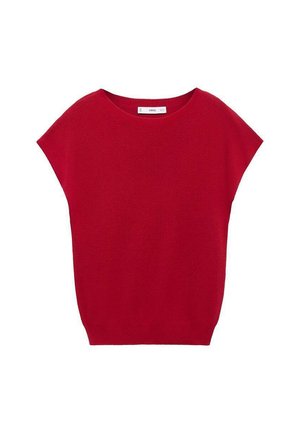 Haut tricoté rouge avec un col rond, des manches courtes et une coupe décontractée. Texture lisse, sans motifs ni accents visibles.