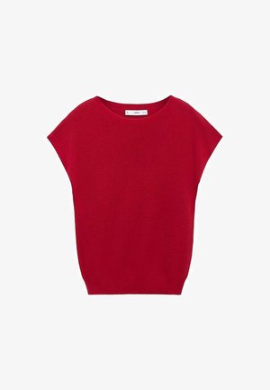 Haut tricoté rouge avec un col rond, des manches courtes et une coupe décontractée. Texture lisse, sans motifs ni accents visibles.