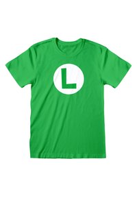 Camiseta de algodón verde con mangas cortas que presenta un gran círculo blanco y una "L" mayúscula verde en el centro.