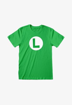 Zelené bavlněné tričko s krátkým rukávem, na kterém je velký bílý kruh a zelené velké písmeno "L" uprostřed.