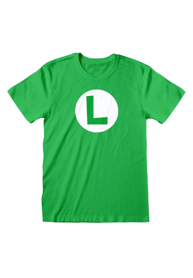 Camiseta de algodón verde con mangas cortas que presenta un gran círculo blanco y una "L" mayúscula verde en el centro.