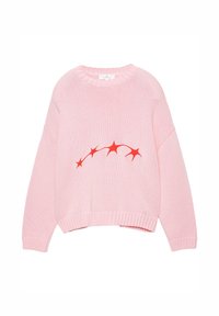 Pulover roz din tricot cu mâneci lungi și manșete striate, cu un model abstract roșu în formă de explozie de stea pe piept.