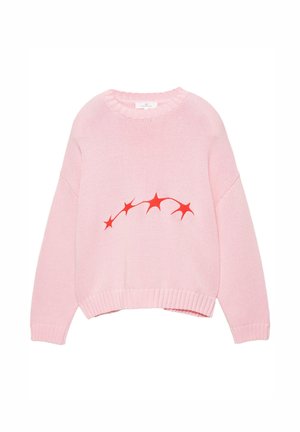 Růžový pletený svetr s dlouhými rukávy a žebrovanými manžetami, zdobený červeným abstraktním vzorem hvězdného výbuchu přes hrudník.