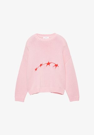 Maglione rosa lavorato a maglia con maniche lunghe e polsini a costine, caratterizzato da un motivo a stella astratta rossa sul petto.