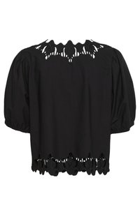 Must mustre, millel on puhv-sleeves, dekoratiivne lõikega kaelus ja laineline äär, millel on lillemustriga kaunistused.