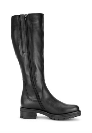Black leather knee-high boot with a side zipper, sturdy sole, and subtle stitching details. Smooth texture and rounded toe design.