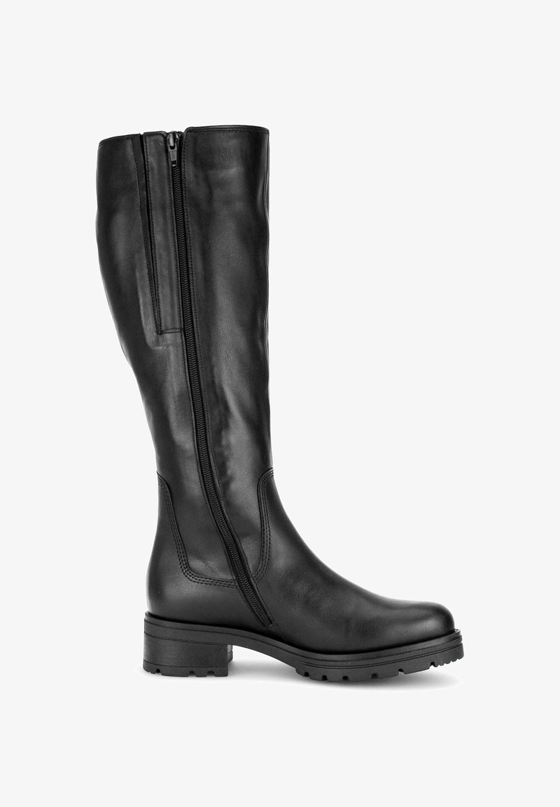 Black leather knee-high boot with a side zipper, sturdy sole, and subtle stitching details. Smooth texture and rounded toe design.