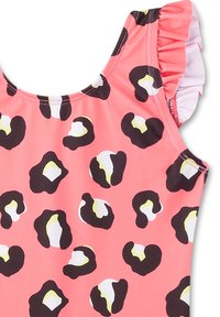 Rosa Badebekleidung mit schwarz-weißem Leopardenmuster, ausgestattet mit Rüschenträgern und einem glatten Material. Design für hohen Tragekomfort.
